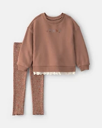 Baby Girl 2-Piece Floral Fleece Sweatshirt & Pant Set - Brown