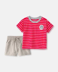 Baby Boy 2-Piece Striped T-Shirt & Shorts Set - Red/Khaki