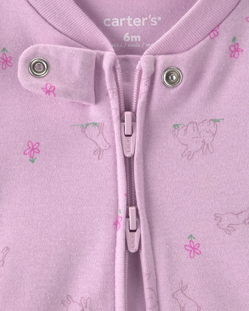Baby Girl Bunny 100% Cotton 2-Way Zip Sleep & Play Pajamas - Purple