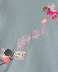 Baby Girl 4-Piece Fairy Tea Party 100% Cotton Snug Fit Pajama Set - Blue/Cream