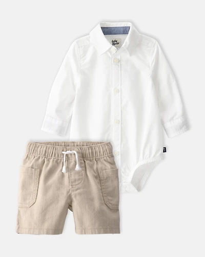 Baby Boy 2-Piece Button-Down Bodysuit & Short Set - White/Brown