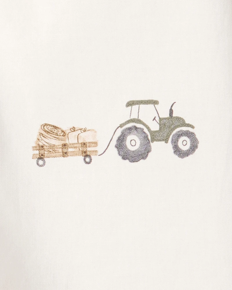 Baby Boy Tractor Print Cotton Long-Sleeve Button Down Shirt - White