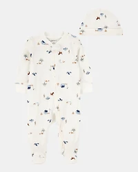 Baby 2-Piece 2-Way Zip Sleep & Play & Cap Set - Ivory/Blue