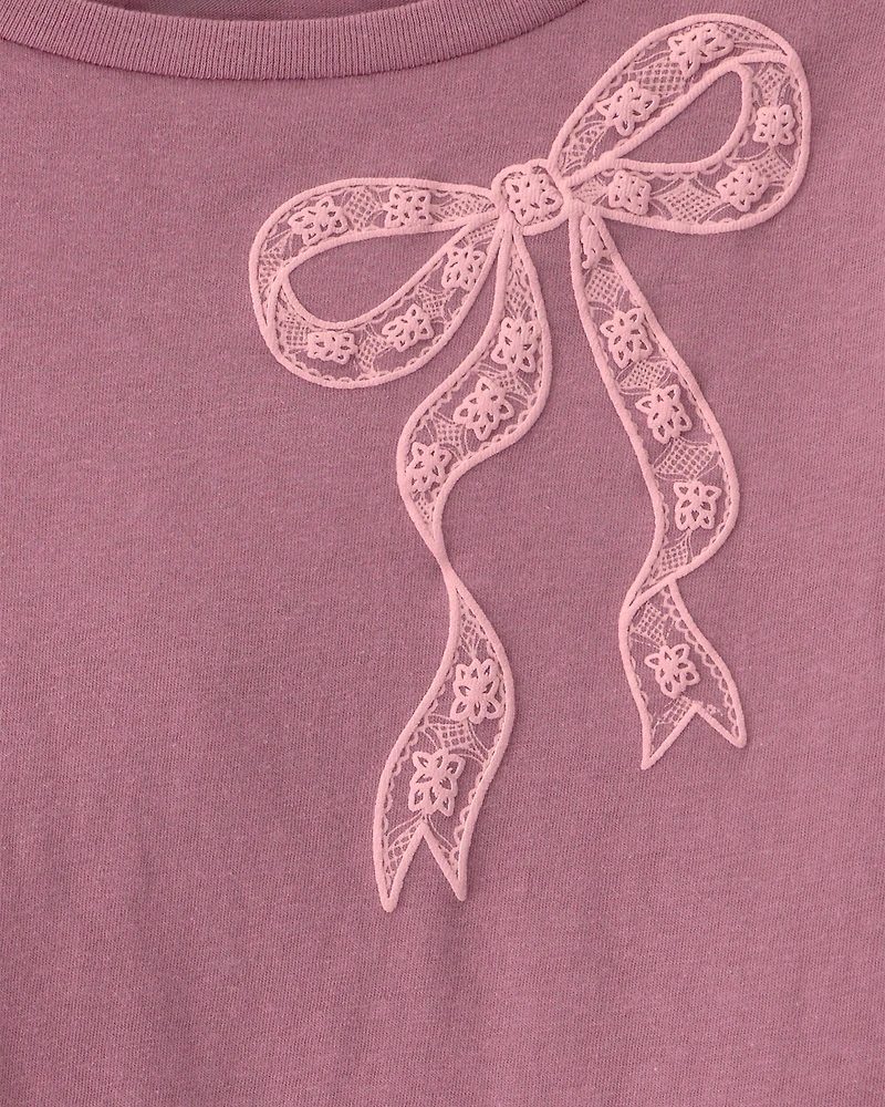 Girls Lace Bow Long-Sleeve Graphic Tee - Pink