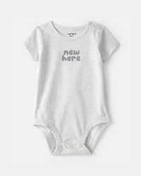 Baby 'New Here' Graphic Bodysuit - Grey
