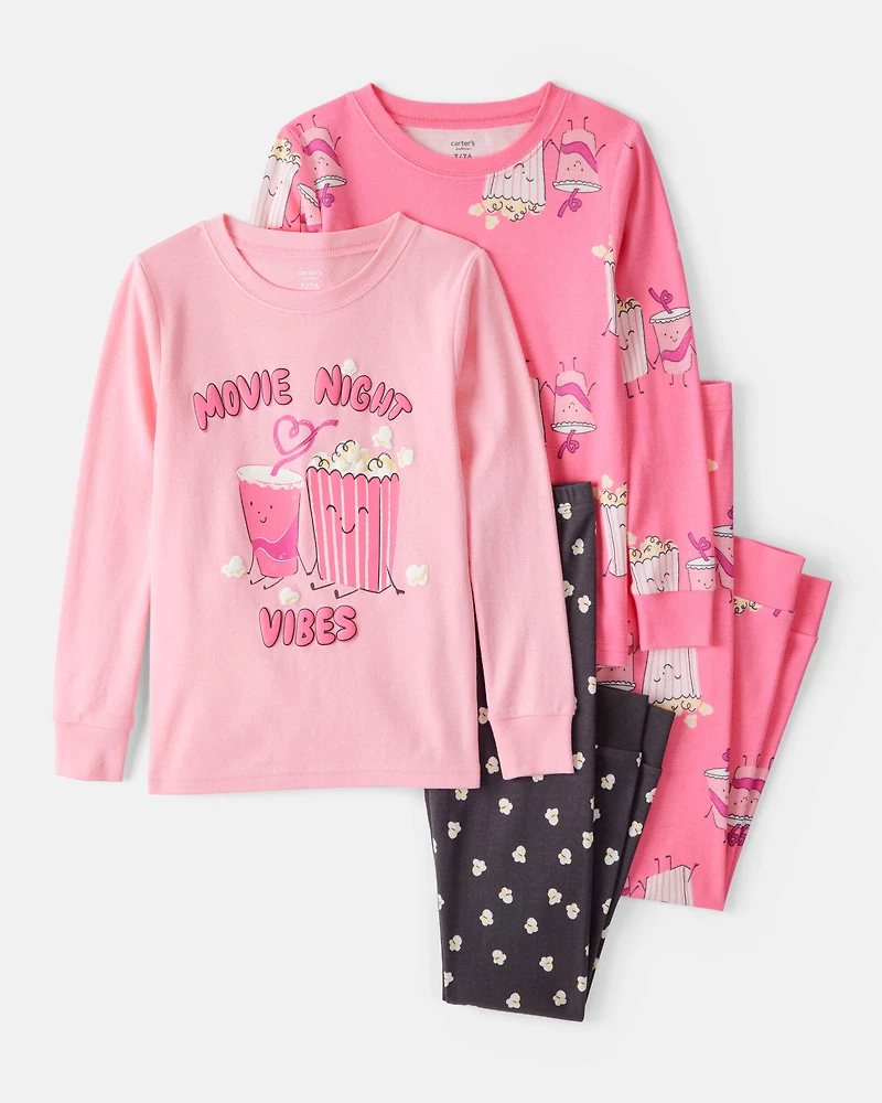 Girls Movie Print 100% Cotton Long-Sleeve 4-Piece Pajamas - Black/Pink