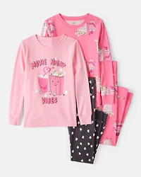 Girls Movie Print 100% Cotton Long-Sleeve 4-Piece Pajamas - Black/Pink