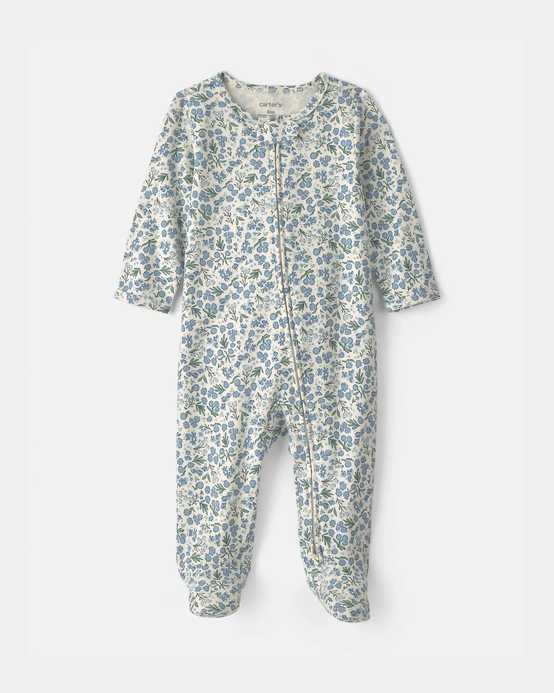 Baby Girl Floral 100% Cotton 2-Way Zip Sleep & Play Pajamas - Blue/Ivory