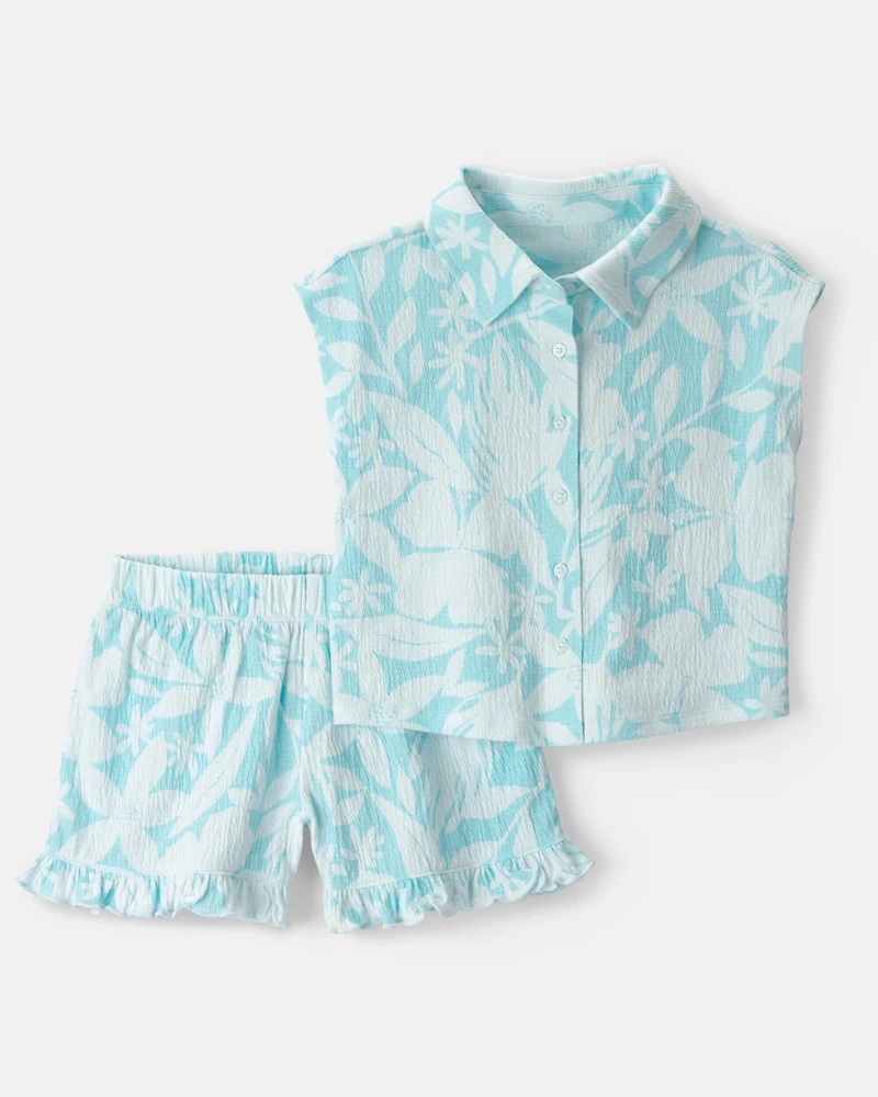 Girls Floral Gauze Short-Sleeve Top & Short Set - Blue