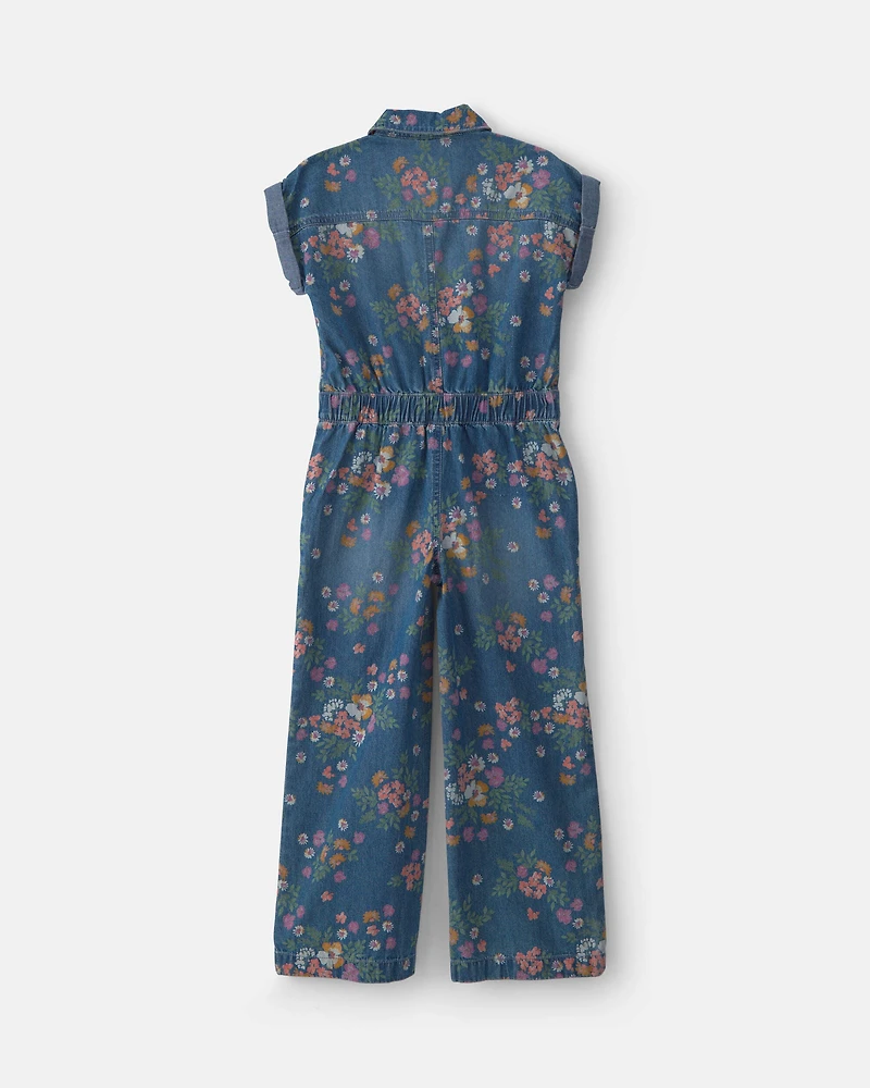Girls Floral Denim Short-Sleeve Jumpsuit - Dark Wash