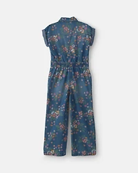Girls Floral Denim Short-Sleeve Jumpsuit - Dark Wash