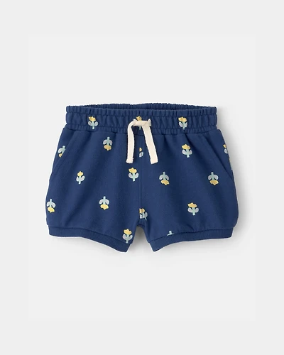 Baby Girl Floral French Terry Shorts - Navy Blue