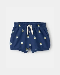 Baby Girl Floral French Terry Shorts - Navy Blue
