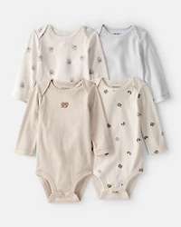 Baby 4-Pack Snack Time Long-Sleeve Multipack Bodysuits - Blue/White/Brown