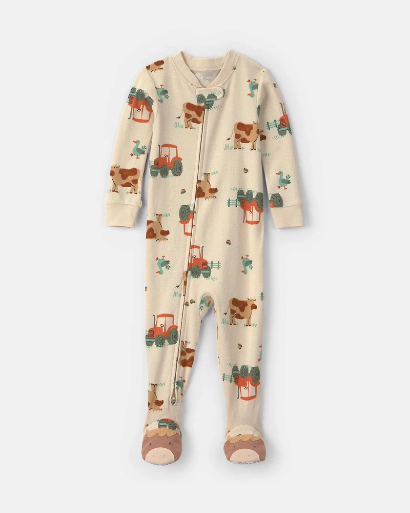 Toddler Boy 1-Piece Farm 100% Cotton Snug Fit Footed Pajama - Beige