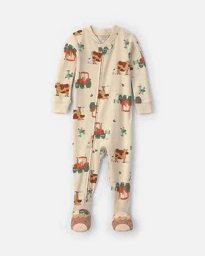 Toddler Boy 1-Piece Farm 100% Cotton Snug Fit Footed Pajama - Beige