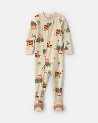 Toddler Boy 1-Piece Farm 100% Cotton Snug Fit Footed Pajama - Beige