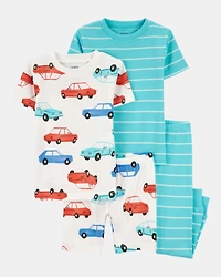 Toddler Boy 2-Piece Striped Car 100% Snug Fit Cotton Pajamas - Blue/White