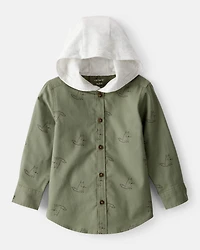 Toddler Boy Racoon Print Cotton Long-Sleeve Hooded Button-Down Shirt - Green