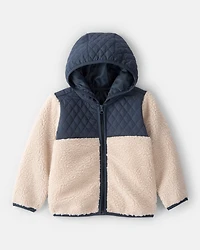 Toddler Boy Color Block Hooded Sherpa Zip-Up Jacket - Khaki/Navy