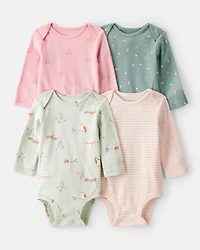 Baby Girl 4-Pack Owl Print Cotton Long-Sleeve Multipack Bodysuits - Multi