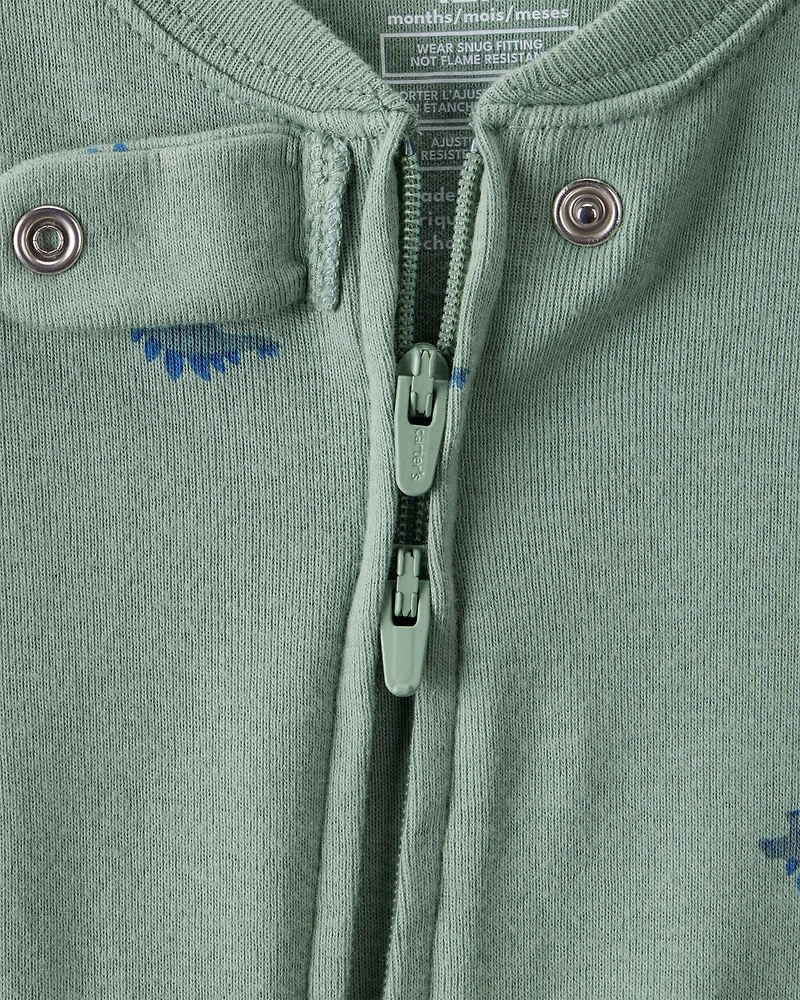 Baby Boy Dinosaur Print 100% Cotton Long-Sleeve 2-Way Zip 1-Piece Pajamas - Green