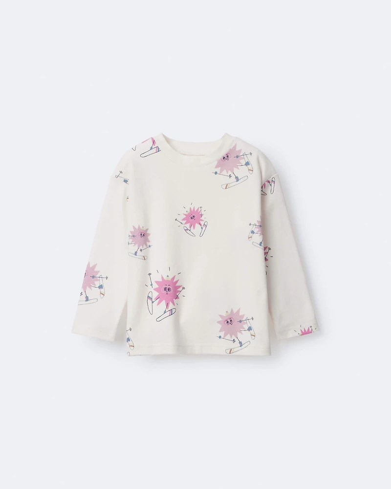 Toddler Girl Skiing Abstract Long-Sleeve Relaxed Graphic Top - Cream