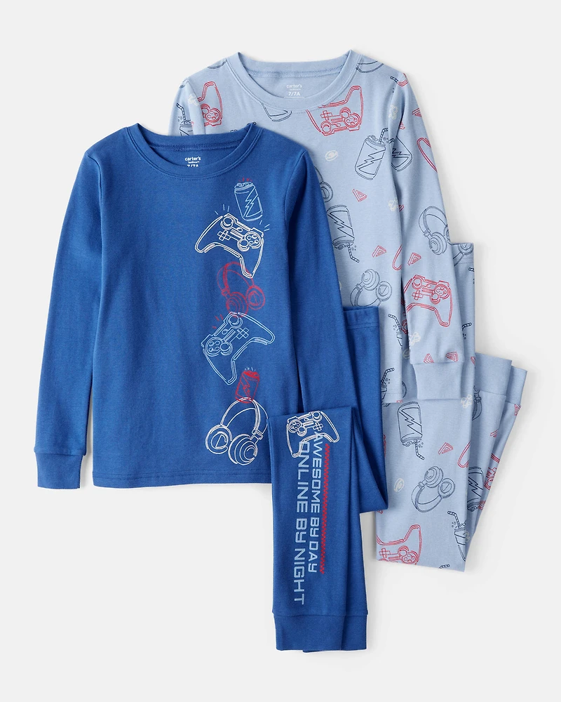 Boys Gaming Print 100% Cotton Long-Sleeve 4-Piece Pajamas - Blue