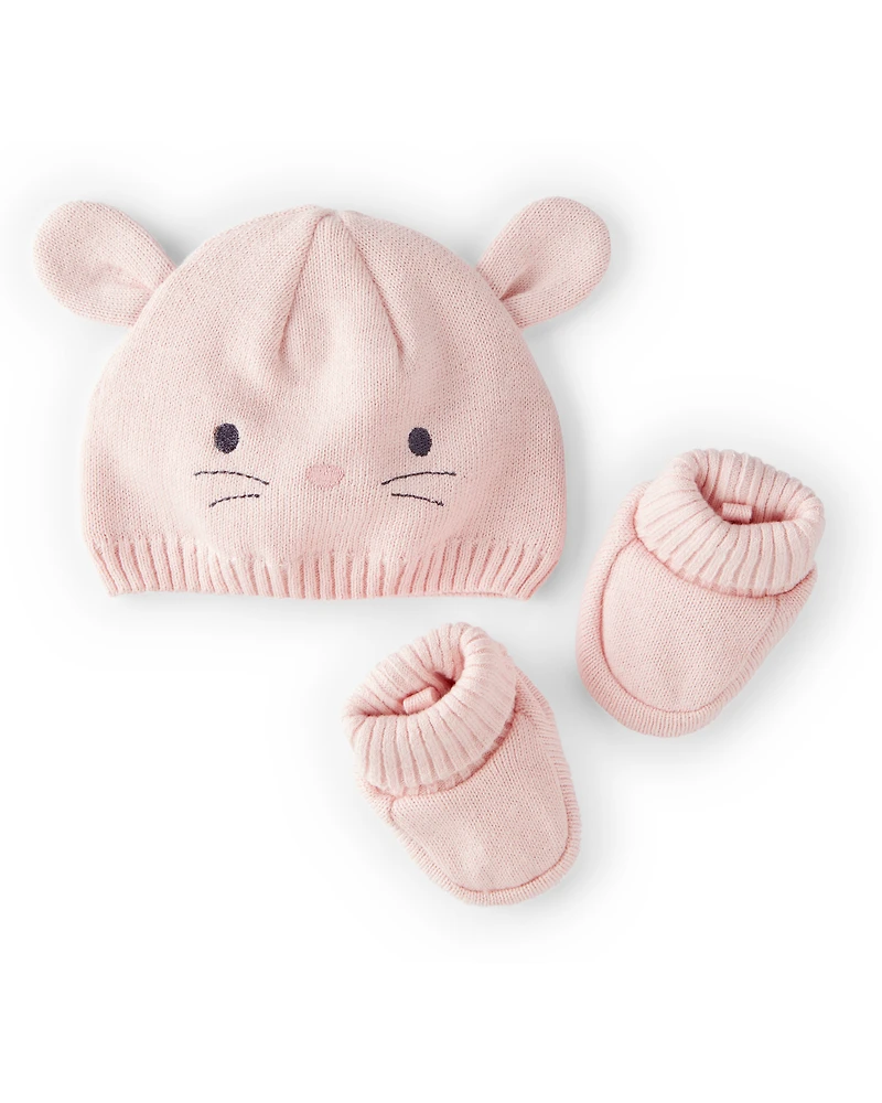 Baby 2-Pack Bunny Crochet Booties and Hat - Pink