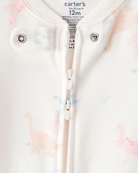 Baby Girl Dinosaur Print 100% Cotton Long-Sleeve 2-Way Zip 1-Piece Pajamas - White