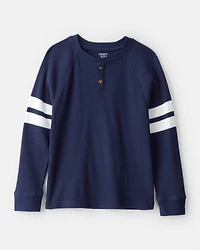 Boys Stripe Thermal Long-Sleeve Henley T-Shirt - Navy