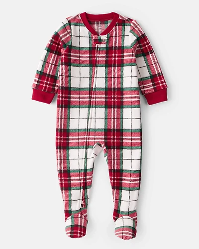 Toddler Plaid Print Fleece Long-Sleeve Loose Fit 1-Piece Pajamas - Red/White