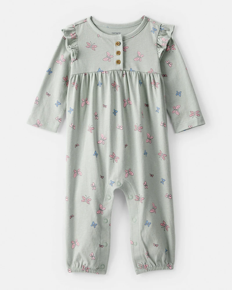 Baby Girl Butterfly Ruffle Cotton Long-Sleeve Jumpsuit - Green