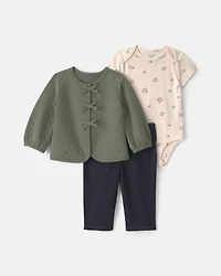 Baby Girl 3-Piece Quilted French Terry Layering Set - Olive Green/Cream