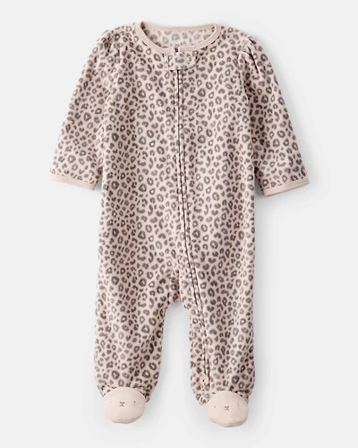Baby Girl Leopard Print Loose Fit Long-Sleeve Sleep & Play Pajamas - Cream/Brown