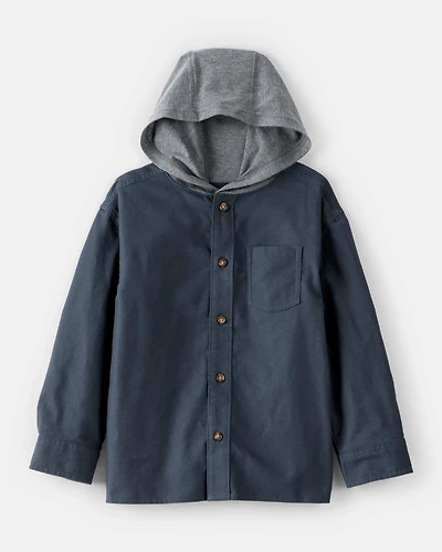 Boys Hooded Button-Down Shirt - Blue