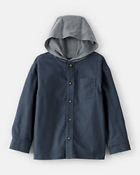 Boys Hooded Button-Down Shirt - Blue
