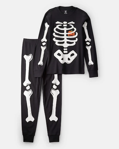 Adult 2-Piece Glow Skeleton Halloween 100% Snug Fit Cotton Pajamas - Black