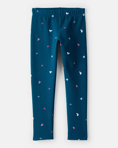 Kid Ice Skate Print Cozy Fleece Pull-On Stretch Leggings - Blue