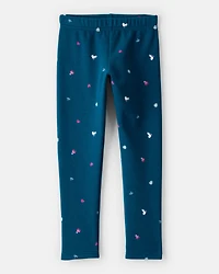 Kid Ice Skate Print Cozy Fleece Pull-On Stretch Leggings - Blue