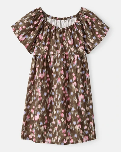 Girls Floral Cotton Short-Sleeve Dress -Brown
