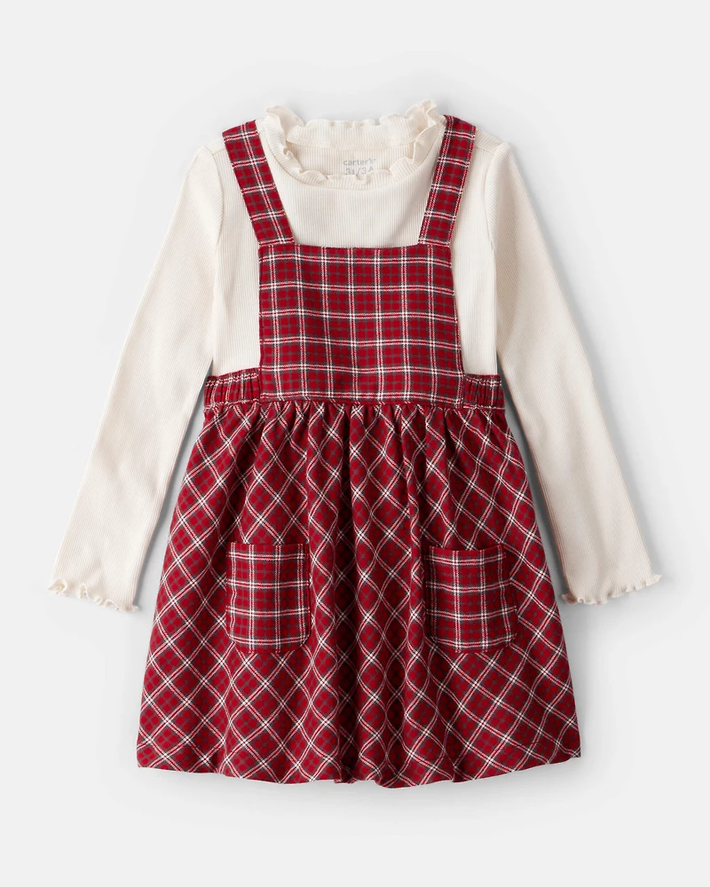 Toddler Girl 2-Piece PlaidCotton Long-Sleeve Dress Set - Red