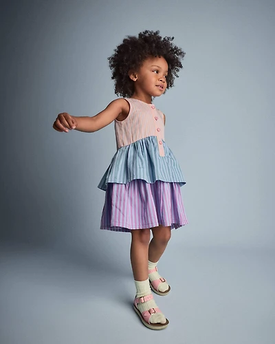 Toddler Girl Tiered Drop-Waist Dress in Stripes - Blue/Purple
