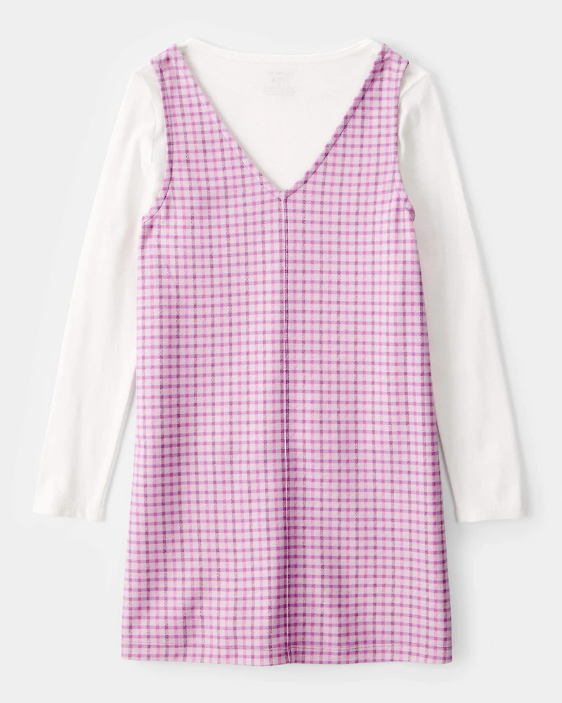 Girls 2-Piece Long-Sleeve Tee & Plaid Dress Set - White/Pink