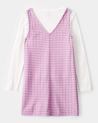 Girls 2-Piece Long-Sleeve Tee & Plaid Dress Set - White/Pink