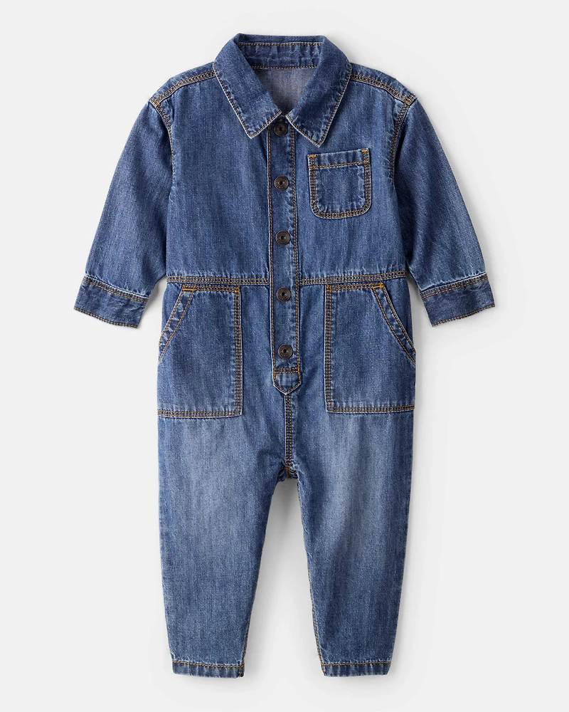 Baby Boy Denim Long-Sleeve Jumpsuit - Blue