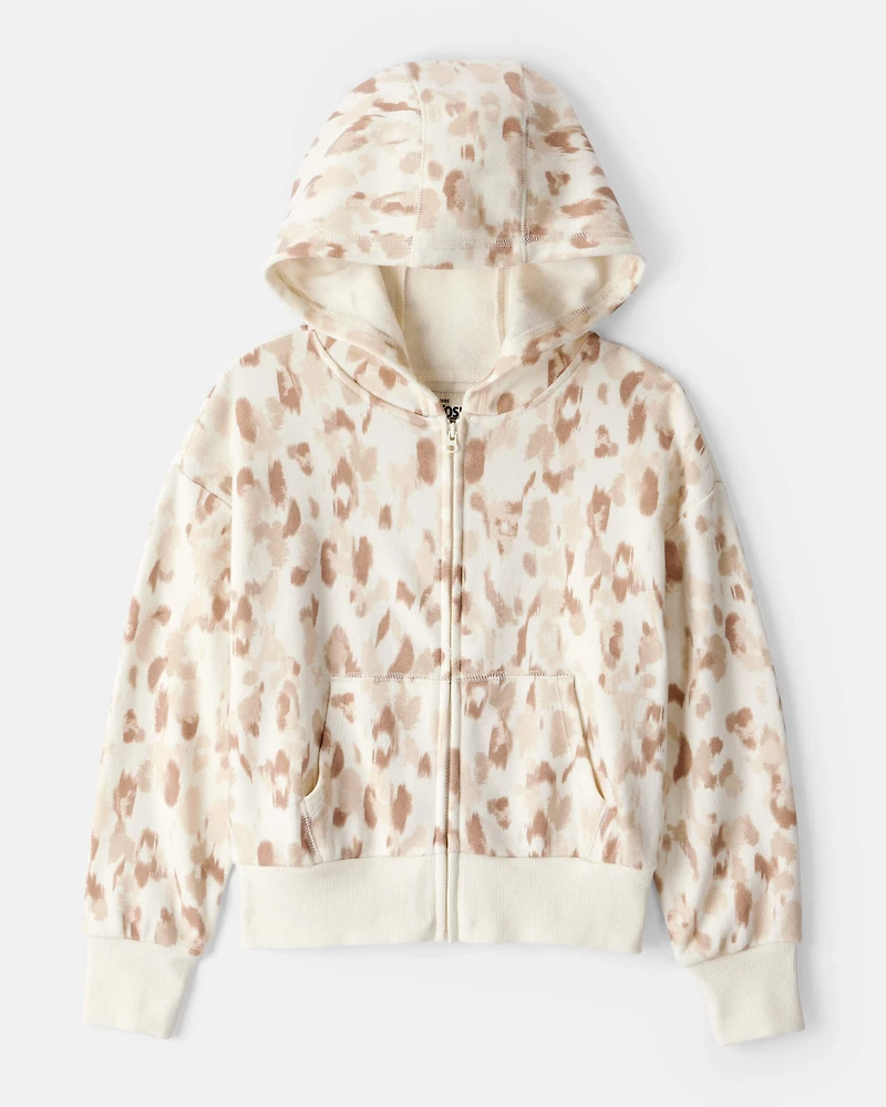 Girls DayDream Fleece Leopard Print Hooded Zip-Up Jacket - Cream