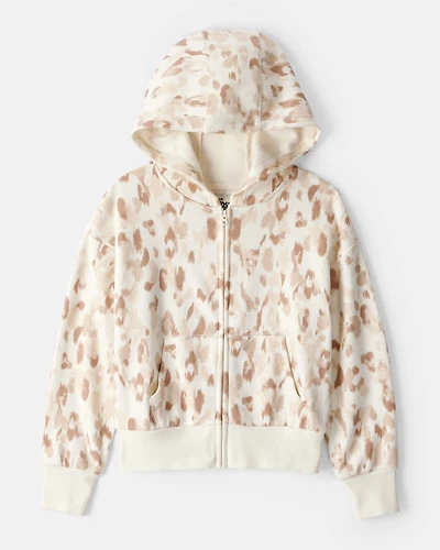 Girls DayDream Fleece Leopard Print Hooded Zip-Up Jacket - Cream