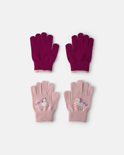 Girls 2-Pack Unicorn Winter Gloves - Pink/Burgundy
