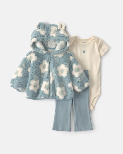Baby Girl 3-Piece Floral Teddy Fleece Layering Set - Blue
